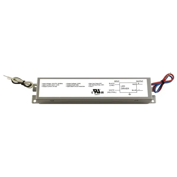 12V DC Constant Voltage Driver, Class 2, 120-277V AC, 60W Width: 1.70" Height: 1.14" Length: 9.50" Voltage: 120.00 V Safety Listing: Wet Safety Rating: UL