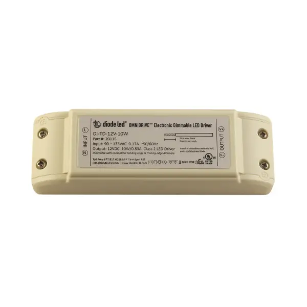 12V OMNIDRIVE Electric Dimmable Driver - 10W Collection: Omnidrive Finish: White Width: 1.80" Height: 1.10" Length: 5.50" Safety Rating: UL Manufacturer Warranty: 3 Years