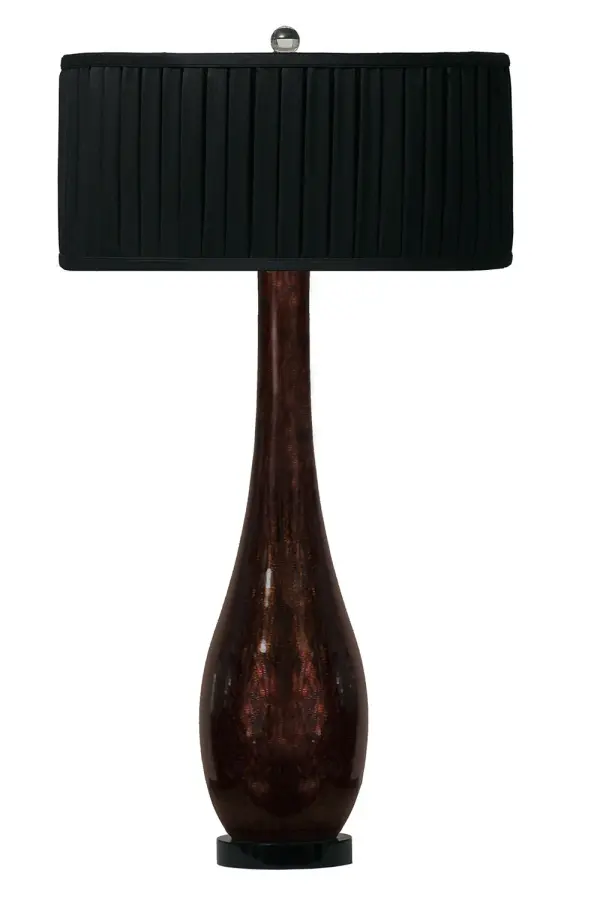 A striking statement piece featuring hand-blown glass with bronze glitter accents and an elegant pleated silk shade. The substantial 33-inch height and artisanal craftsmanship make this lamp a focal point in any sophisticated interior.