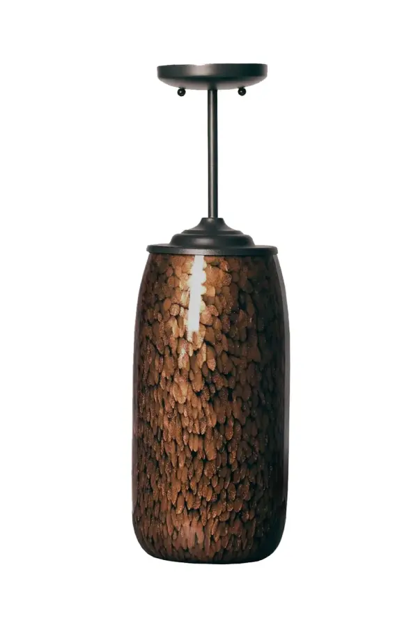 This handcrafted blown glass pendant combines artistic craftsmanship with contemporary style. The gold glitter infused within black glass creates a celestial effect that catches light beautifully, while satin black accents provide modern contrast.