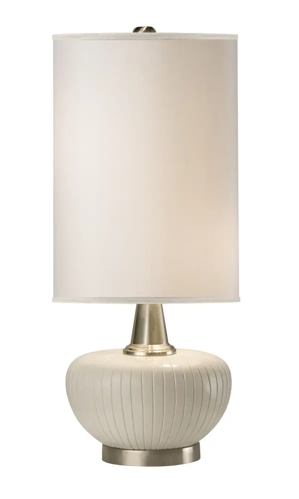 The Blanco table lamp combines a sculptural grooved polyresin base in satin white with brushed nickel hardware for a refined, versatile look. Its generous 27-inch height and dual-bulb design provide ample illumination for bedside or living spaces.