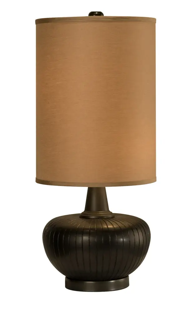 This contemporary table lamp features a distinctive grooved polyresin base in satin graphite, paired with a tan silk hardback shade. The textured surface adds visual interest while the neutral palette ensures versatility across design schemes.