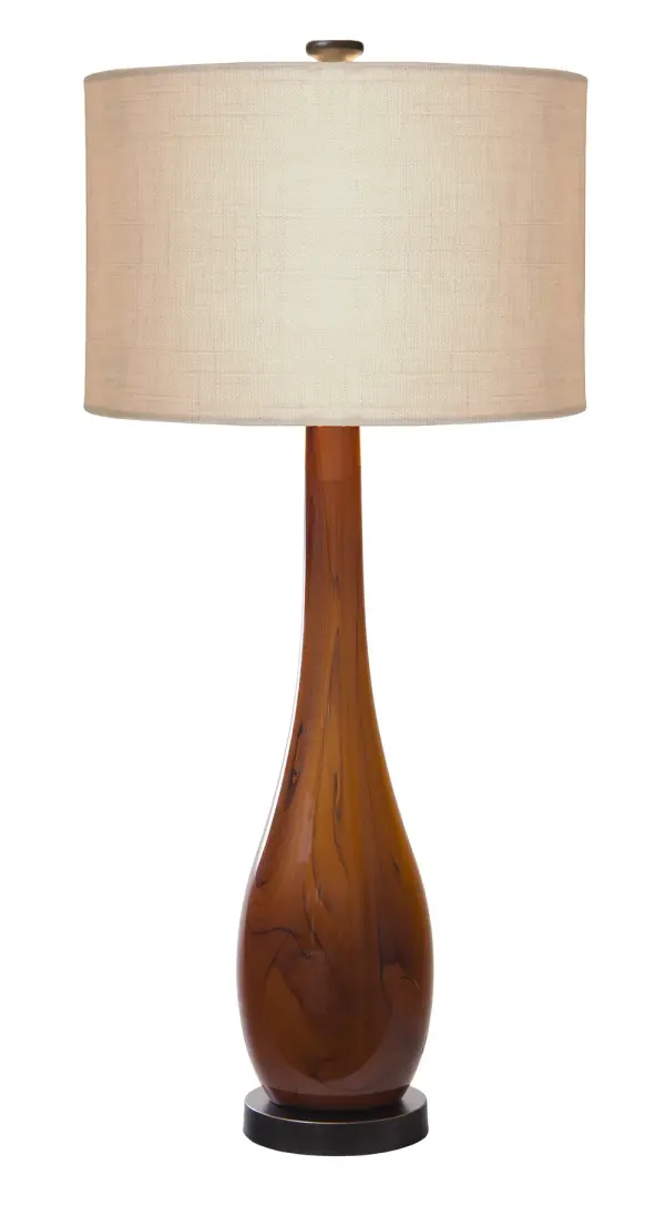 The Burlwood table lamp showcases handcrafted blown glass artistry with rich dark amber coloring and oil rubbed bronze accents. Its organic form and warm glow create an inviting ambiance while the neutral linen shade ensures versatility across design styles.