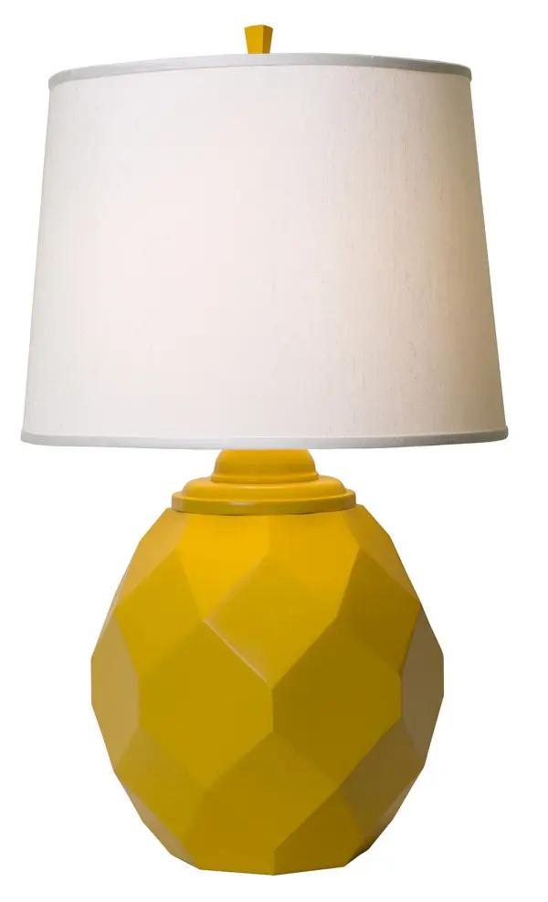 The Jewel table lamp makes a striking statement with its sculptural cast metal base in vibrant satin yellow finish. The white silk drum shade provides soft, diffused light while the 3-way bulb offers flexible lighting control.