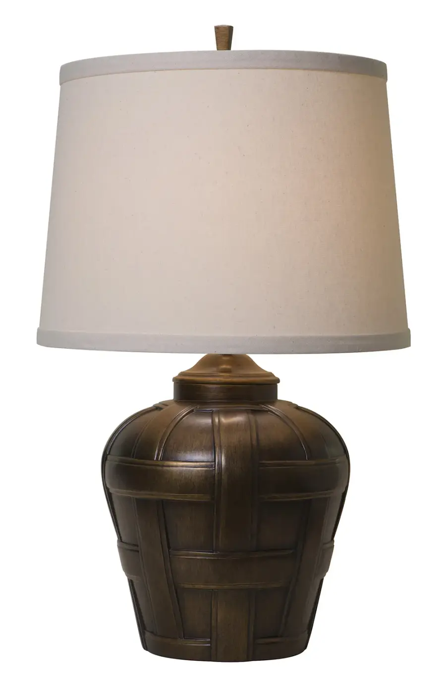 Elegant Cast Metal Lamp with Warm Bronze Finish and Natural Linen Shade