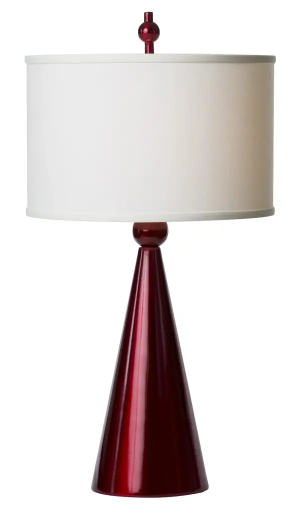 The Jolly Pop Red makes a dramatic impact with its sculptural cast metal base in vibrant metallic red finish. At 32 inches tall, this substantial lamp commands attention while the white silk drum shade softens the bold aesthetic.