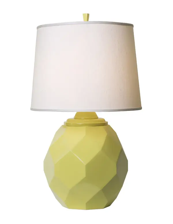 The Jewel table lamp makes a statement with its sculptural cast metal base in an eye-catching satin chartreuse finish. The white silk drum shade provides elegant contrast while the 3-way bulb offers lighting flexibility.
