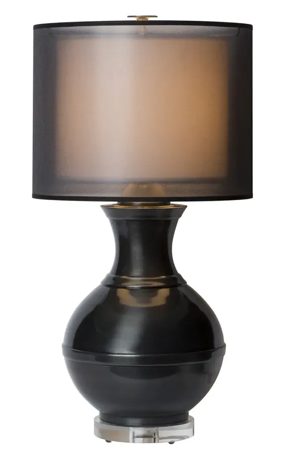 The Jupiter table lamp combines substantial cast metal construction with a refined high-gloss black finish. Its generous 25-inch height and dual-fabric shade create dramatic presence while the 3-way switch offers lighting flexibility.