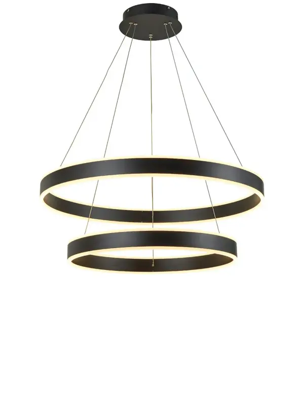 The Emeri chandelier delivers dramatic architectural lighting with its dual metal rings that illuminate both upward and downward. High-output integrated LED provides exceptional brightness for large spaces while maintaining energy efficiency.