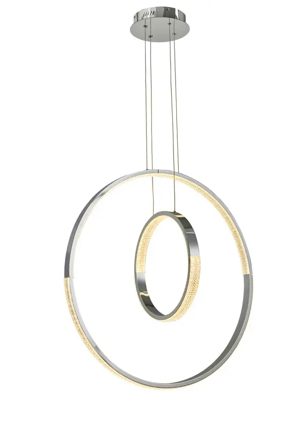 The Ezra pendant makes a bold statement with its geometric chrome rings and illuminated crystal accents. Exceptional LED output (9000 lumens) provides restaurant-quality lighting for large spaces. The adjustable height and dimmability offer versatility.