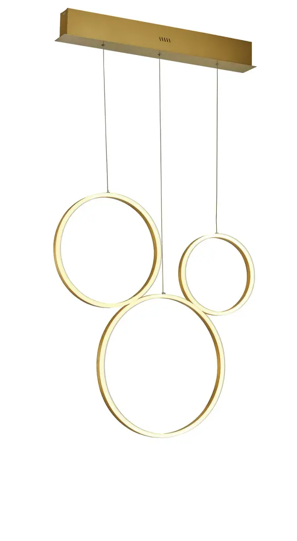 The Halo pendant features three concentric metal rings in brushed gold that create a striking geometric statement. With 14,000 lumens of integrated LED light, it delivers exceptional brightness while maintaining a sleek profile.