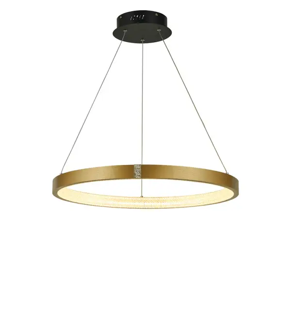The Kinsley chandelier combines contemporary brushed gold finish with sparkling faux crystal accents. Its integrated 50W LED provides bright, energy-efficient illumination with excellent color rendering. Compact size makes it versatile for various spaces.