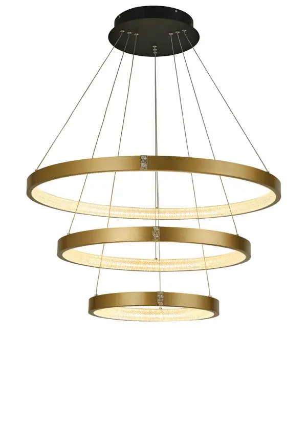 The Kinsley delivers impressive illumination with 9900 lumens from integrated LED bulbs across three tiers of faux crystal accents. Its brushed gold finish and substantial 32-inch height make it ideal for grand foyers and high-ceiling spaces.