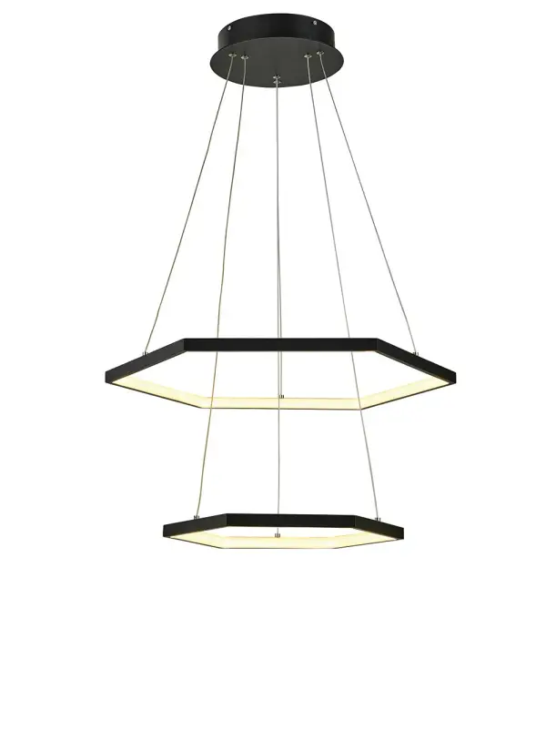The Senary chandelier delivers contemporary style with its geometric polygon design and matte black finish. Integrated 60W LED provides bright, energy-efficient illumination with excellent color rendering. Ideal for foyers and hallways.