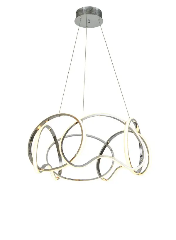 The Irvine chandelier brings contemporary elegance with its illuminated whimsical lines in polished chrome. Integrated 40W LED provides bright, energy-efficient lighting with excellent color rendering. Compact size works beautifully over smaller dining tables.