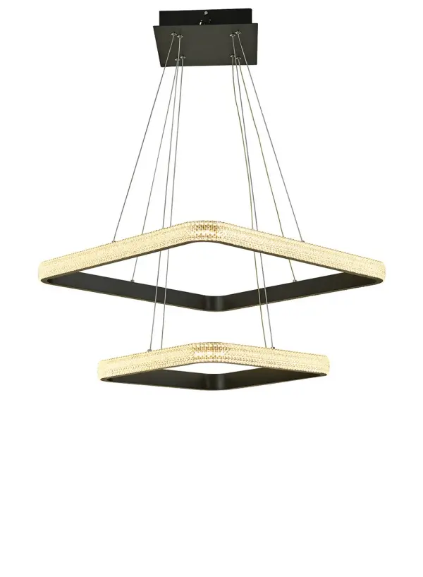 The Willow chandelier brings contemporary elegance to entryways with its distinctive square silhouette and faux crystal light diffusion. Integrated LED technology delivers bright, energy-efficient illumination at 7200 lumens with excellent color rendering.