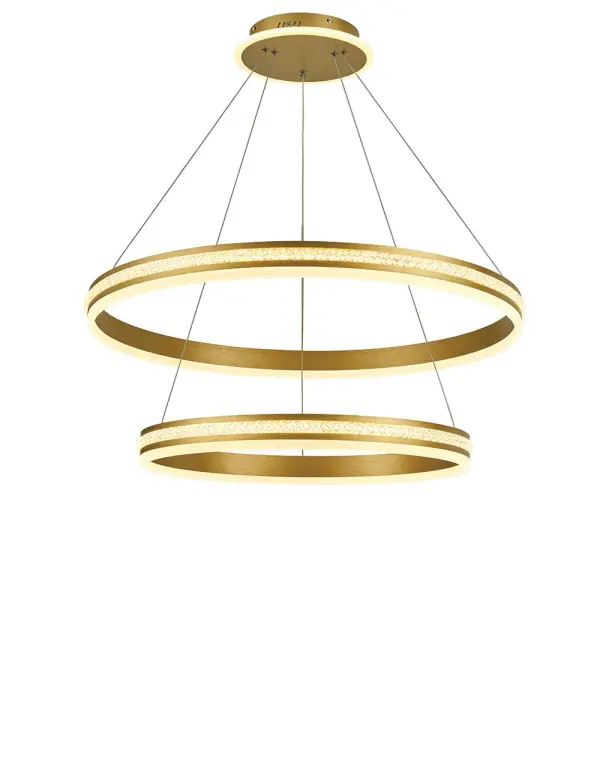 The Aurora chandelier combines contemporary design with practical illumination. Its brushed gold rings and illuminated faux crystal accents create visual interest, while the powerful 9000-lumen integrated LED provides exceptional brightness for dining spaces.