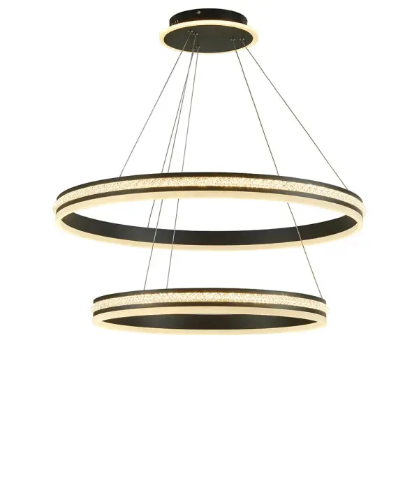 The Aurora chandelier delivers exceptional brightness with its powerful 9000-lumen integrated LED system. The black metal rings with illuminated faux crystal accents create a contemporary focal point, while the illuminated canopy adds a unique design element.