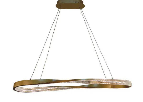 The Oakley chandelier makes a bold statement with its whimsical twisted ring design and faux crystal accents. The integrated 100W LED delivers exceptional brightness (9000 lumens) while the brushed gold finish adds warmth and sophistication to contemporary spaces.