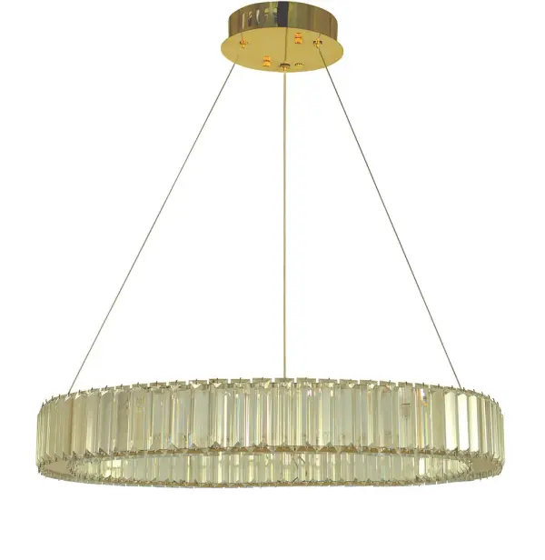 The Maya chandelier combines polished gold metalwork with crystal rings for a sophisticated contemporary look. Integrated 30W LED provides excellent illumination at 2700 lumens with warm 3000K color temperature.