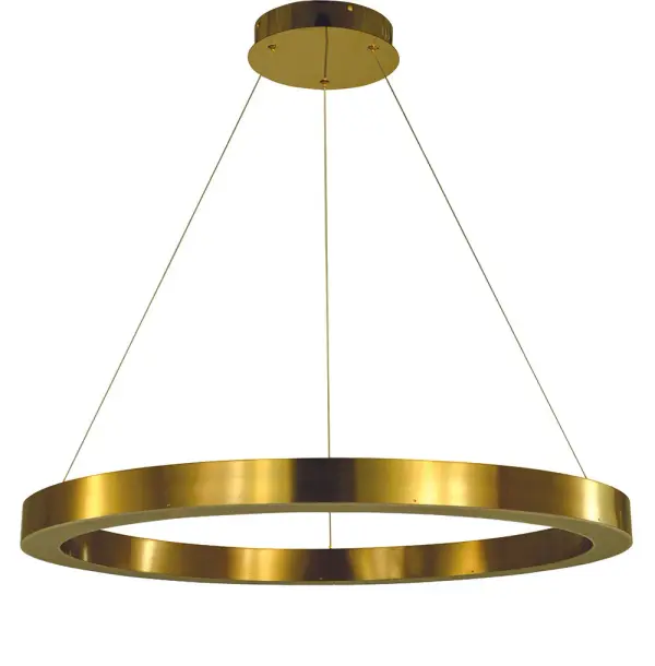 The Luna chandelier features a striking circular ring design in brushed gold with integrated LED technology. Its adjustable height and dimmable capability make it versatile for various dining spaces, while the warm 3000K light creates an inviting ambiance.