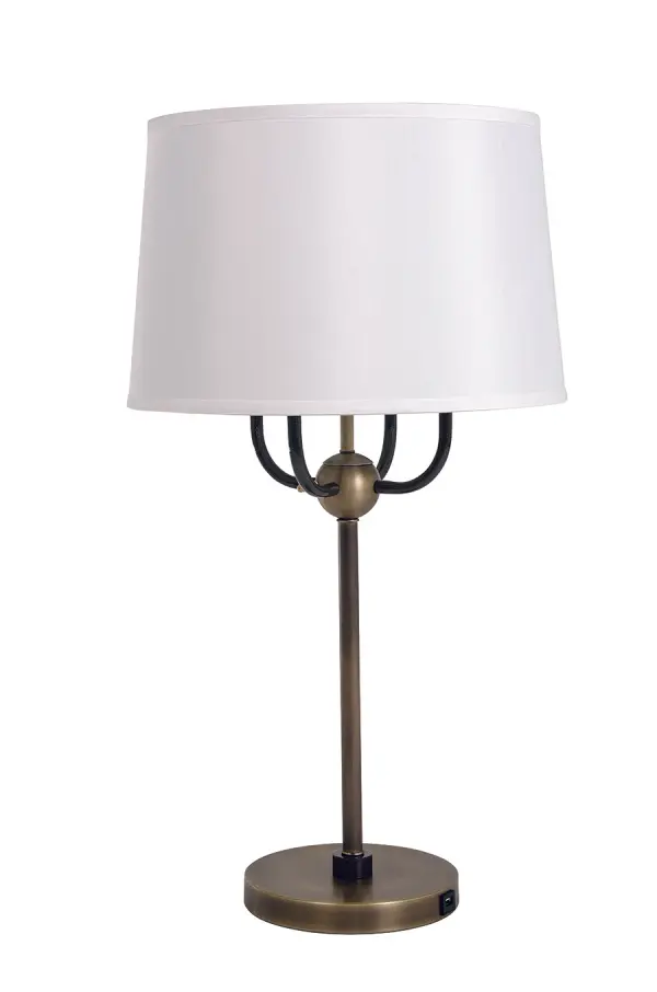 The Alpine table lamp features a distinctive 4-light cluster design with antique brass and hammered bronze finishes. At nearly 30" tall with a 15" white linen shade, it makes a bold statement while providing ample illumination.