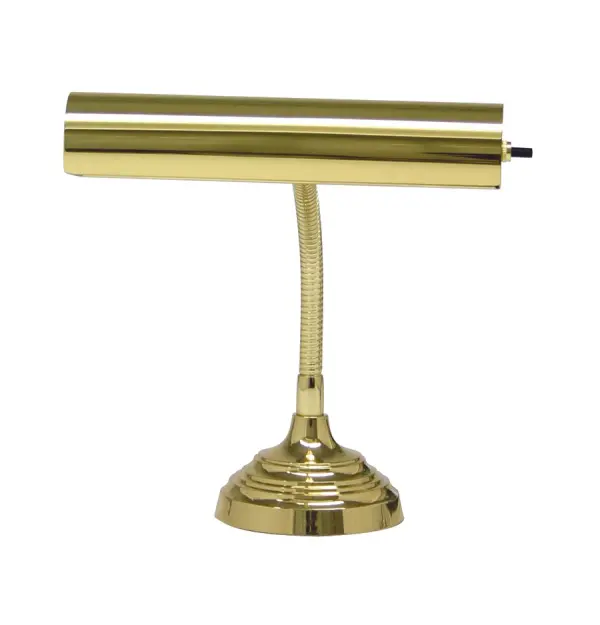 The Advent piano lamp combines traditional styling with practical task lighting. Its compact 10" shade and polished brass finish make it ideal for pianos, desks, and accent tables where focused illumination is needed.