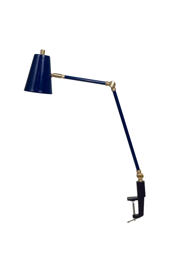 The Aria Task lamp combines functionality with contemporary style, featuring an adjustable spotlight head and convenient clip-on mounting. The navy blue and satin brass finish adds sophistication to any workspace or reading nook.