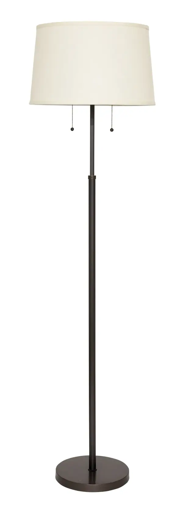 The Averill adjustable floor lamp combines functionality with timeless style. Its height-adjustable design (52-66 inches) and twin pull switches offer flexible lighting control, while the oil rubbed bronze finish and linen shade complement various décor styles.