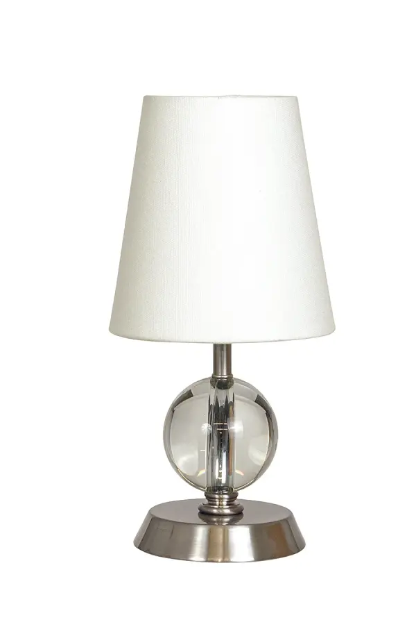 The Bryson Mini combines a sophisticated 3-inch crystal ball base with a classic white linen shade, creating an elegant accent piece perfect for intimate spaces. Its compact 12.5-inch height makes it ideal for nightstands and small surfaces.