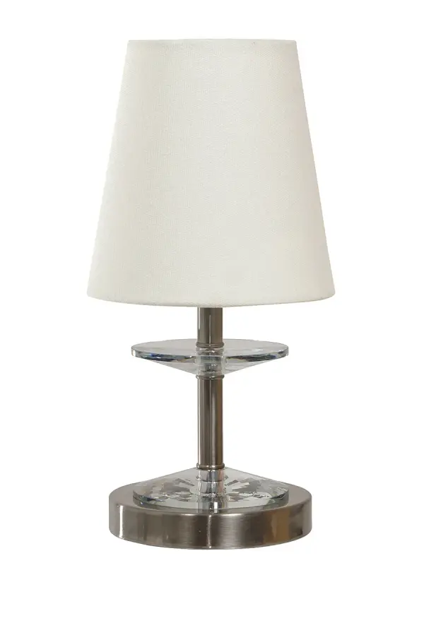 The Bryson Mini combines sophisticated crystal disk accents with a refined satin nickel finish. Its compact 12.75" height makes it perfect for nightstands and small surfaces while delivering elegant ambient lighting.
