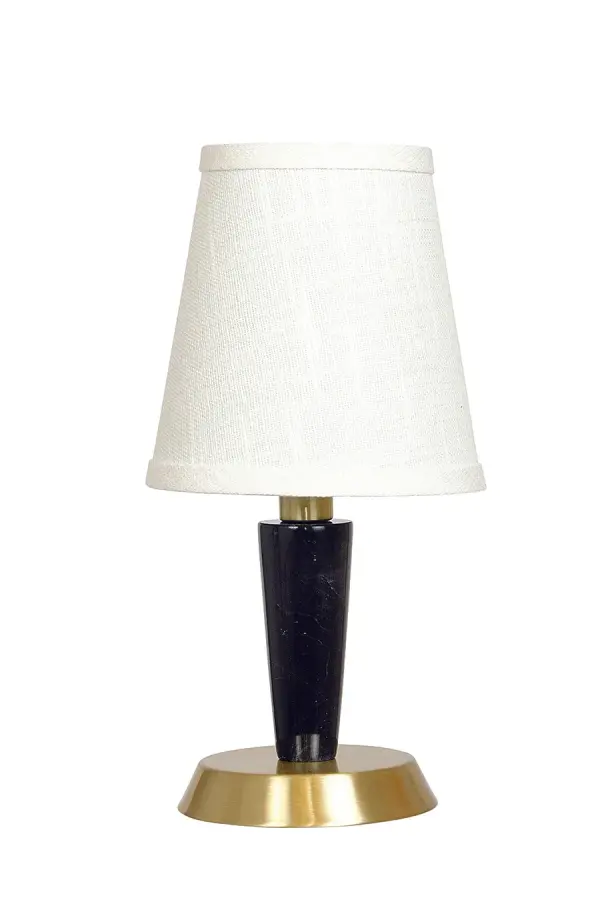 The Bryson Mini combines luxurious black marble with warm satin brass accents in a compact 12.75" design. Its tapered column silhouette and natural linen shade create sophisticated ambient lighting perfect for intimate spaces.