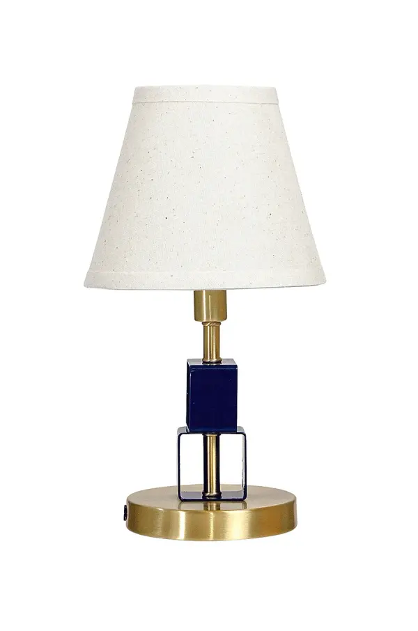 The Bryson Mini combines sophisticated satin brass with a striking navy blue accent, creating a refined yet distinctive look. Its compact 12.75" height makes it ideal for smaller spaces while delivering substantial style impact.