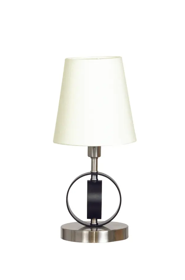 The Bryson Mini brings contemporary style to small spaces with its distinctive 4-inch ring design and two-tone satin nickel and black finish. At just 12.5 inches tall, it's perfectly sized for nightstands and accent tables.