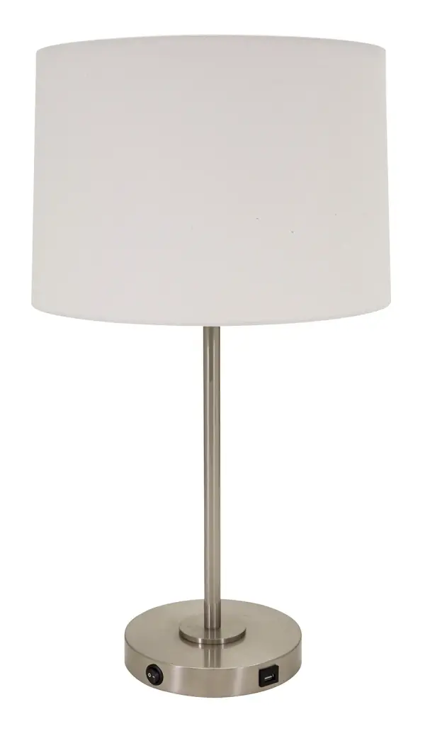 The Brandon table lamp combines classic design with modern functionality, featuring a sleek satin nickel finish and integrated USB port. At 28 inches tall with a white linen shade, it provides ample lighting while keeping devices charged.