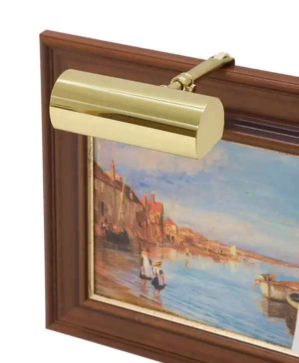 This compact 5-inch picture light combines contemporary styling with classic polished brass finish. Features convenient hi-lo dimming switch and adjustable arm for optimal artwork illumination.