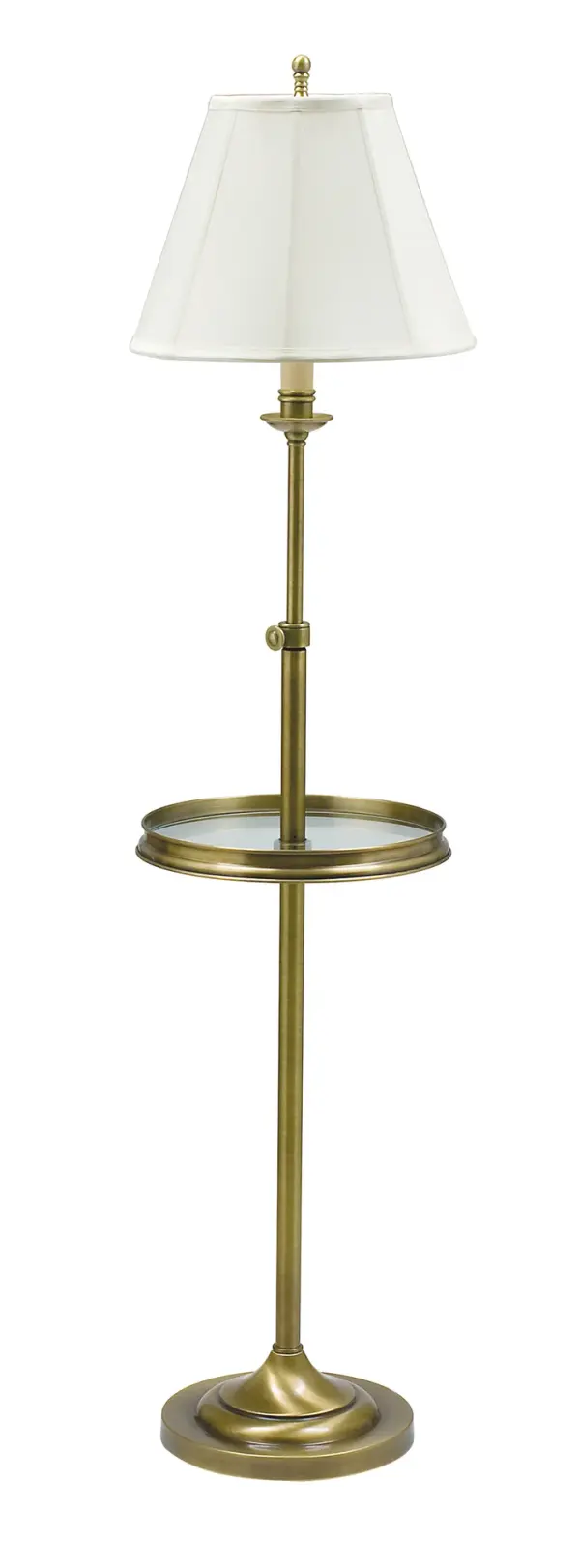 The Club Adjustable Floor Lamp combines classic brass styling with modern functionality. Its adjustable height (45-59") and integrated glass table make it perfect for reading nooks or beside seating where surface space is limited.