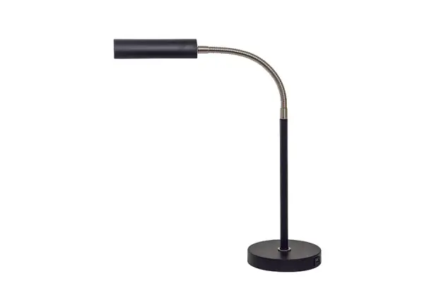 The Fusion Flex combines contemporary styling with practical functionality. Features full-range dimming, integrated LED, and convenient USB port for device charging. Perfect for modern workspaces and bedrooms.