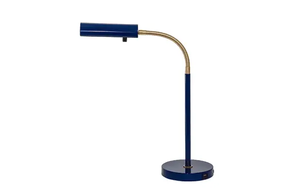 The Fusion Flex combines contemporary design with practical functionality. Features full-range dimming, integrated LED, and convenient USB port for device charging. The navy blue and satin brass finish adds sophisticated style.