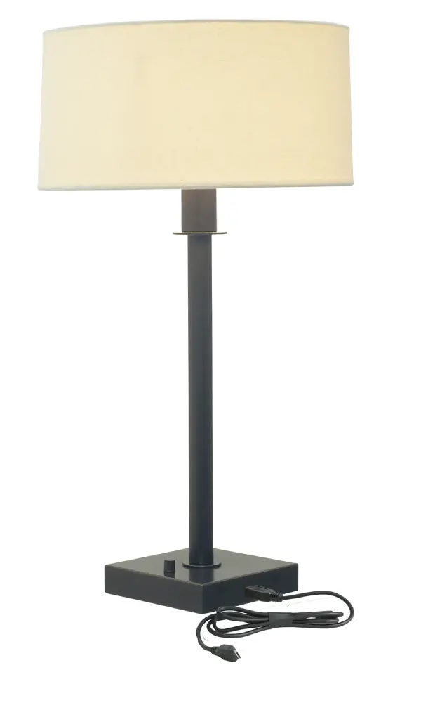 The Franklin combines traditional styling with practical modern features including a full-range dimmer and integrated USB port. Its oil-rubbed bronze finish and linen shade create warm, adjustable lighting for work or relaxation.