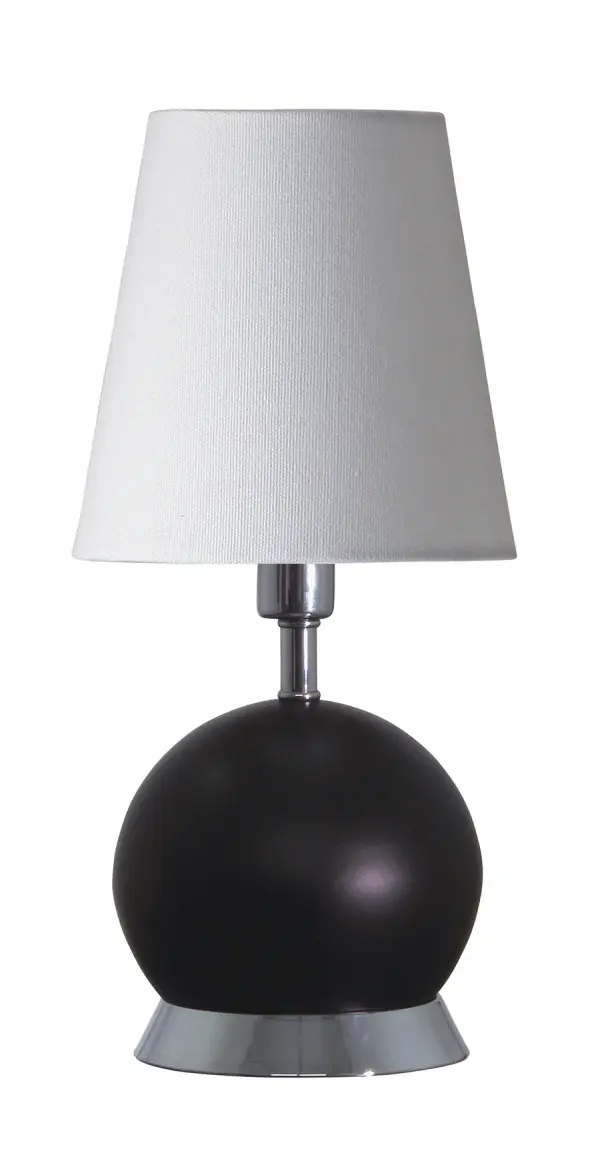 The Geo Ball Mini Accent Lamp combines geometric design with practical lighting in a compact 12-inch form. Its black matte finish with chrome accents and linen shade create a sophisticated look perfect for modern spaces.