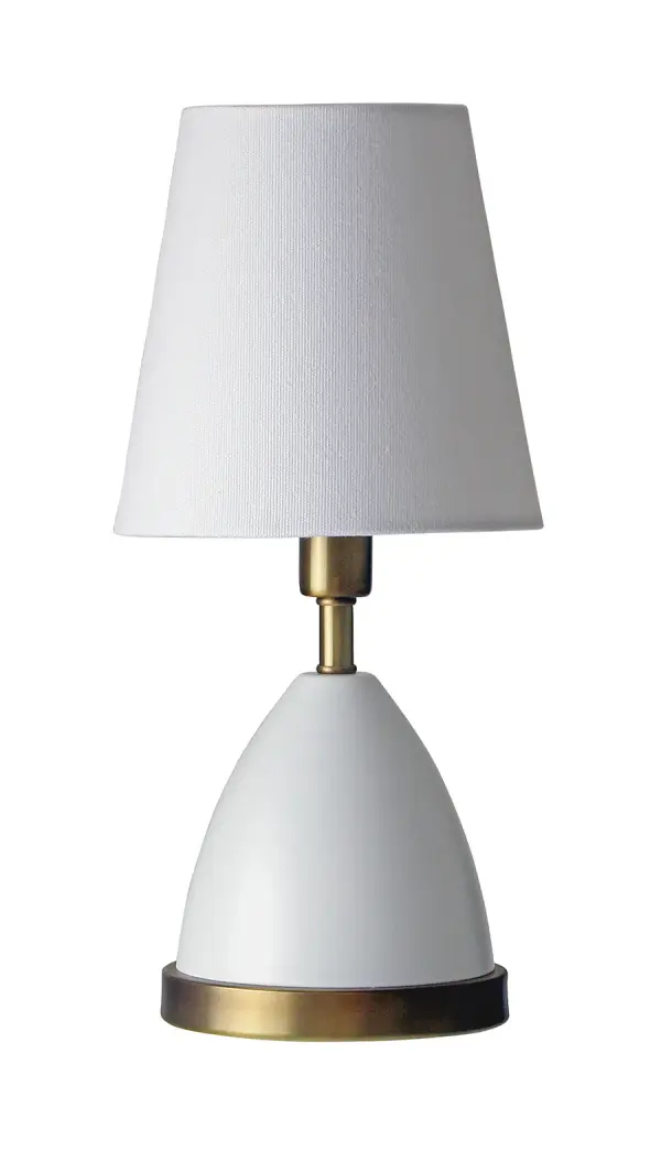 The Geo Parabola Mini Accent Lamp combines clean geometric lines with warm brass accents for a sophisticated modern look. At just 12 inches tall, it's perfectly sized for nightstands and small spaces.