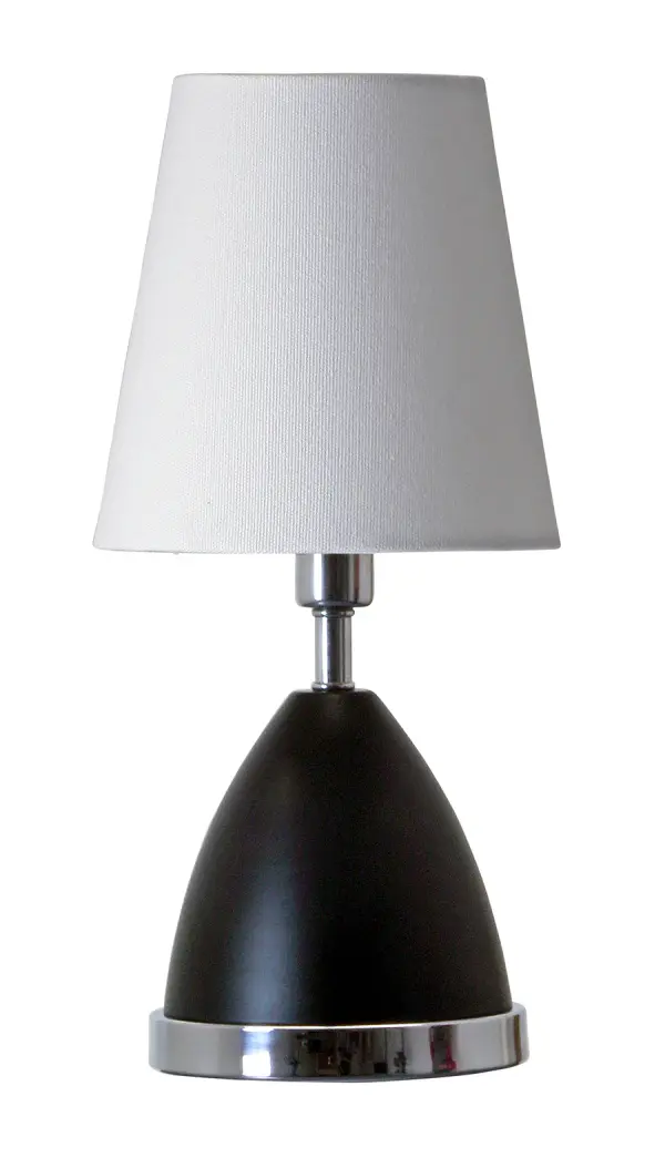 The Geo Parabola Mini Accent Lamp delivers contemporary style in a compact 12-inch form. Its geometric parabola design with black matte finish and chrome accents creates visual interest while the linen shade provides warm, diffused light.