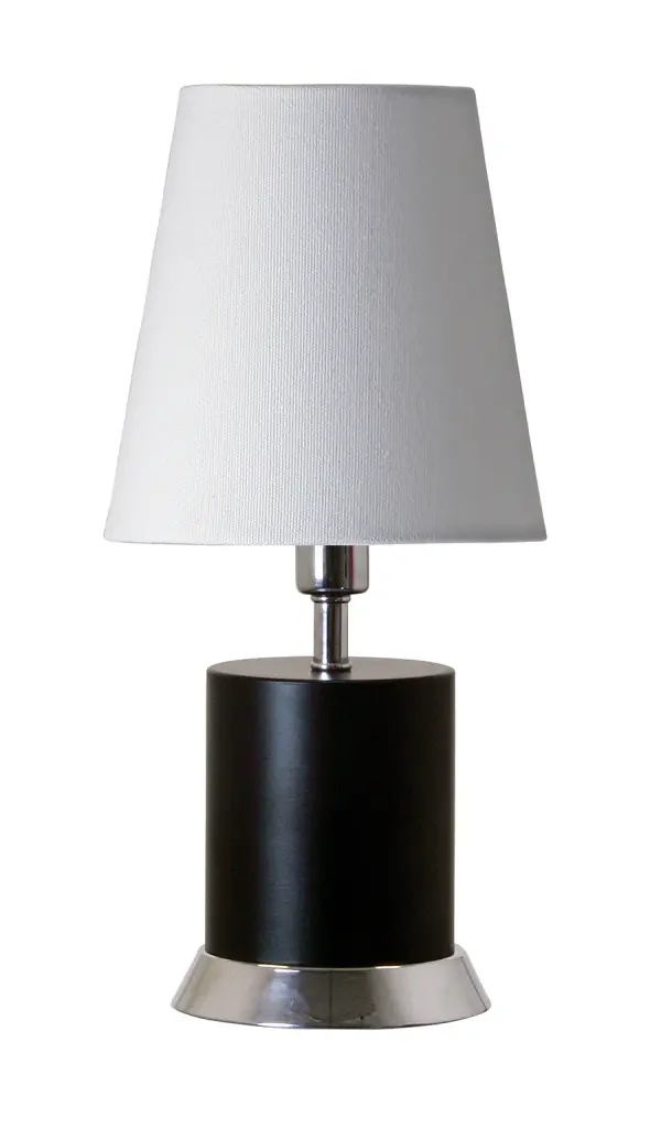 The Geo Cylinder Mini Accent Lamp delivers contemporary style in a compact 12-inch form. Its black matte finish with chrome accents and clean cylindrical design make it perfect for modern spaces needing focused task lighting.