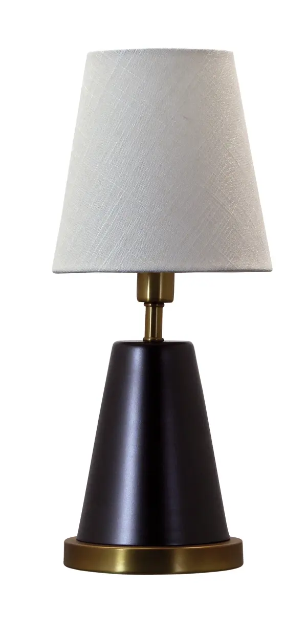 The Geo Mini Accent Lamp delivers sophisticated style in a compact 13-inch profile. Its geometric cone shade and rich mahogany bronze finish with brass accents create visual interest while providing focused task lighting.