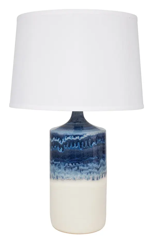The Scatchard table lamp combines traditional ceramic craftsmanship with a clean, contemporary silhouette. Its 26-inch height and white linen shade provide excellent task and ambient lighting for various settings.