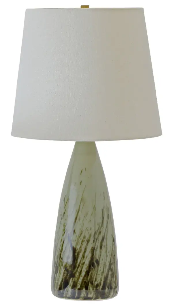 The Scatchard table lamp combines artisanal ceramic craftsmanship with transitional design. Its 25.5-inch height and decorated celadon finish bring sophisticated color and texture to any space, while the linen shade provides warm, diffused light.