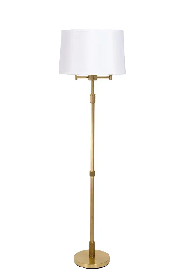 The Killington floor lamp offers exceptional lighting flexibility with its 6-way switching system, combining a 3-way main bulb with three additional 75W sockets. The brushed brass finish and classic hardback shade create a timeless look.
