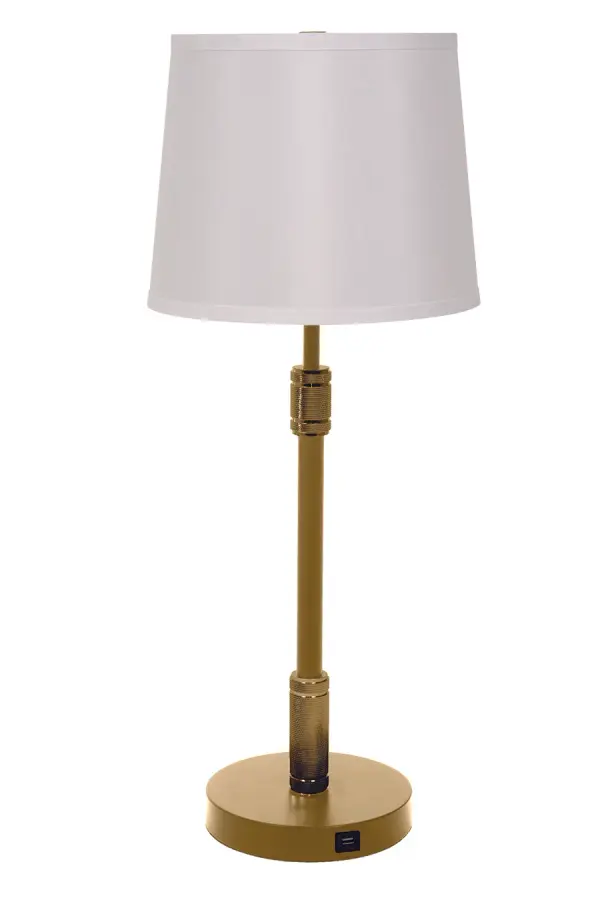 The Killington combines classic brushed brass elegance with modern functionality through an integrated USB port. At 29" tall with a generous 15" shade, it provides substantial lighting and presence for living spaces and bedrooms.