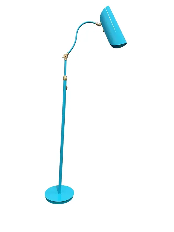 The Logan floor lamp combines functionality with style, featuring an adjustable height design (48"-64") and distinctive azure and satin brass finish. The rolled metal shade provides focused task lighting while the column switch offers convenient control.